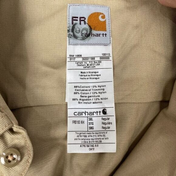Carhartt FR Shirt Men's Size 3XL Flame Resistant Workwear Twill Khaki CAT 2 NEW - Picture 5 of 16